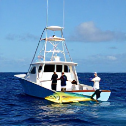 Caribbean Holidays, Puerto Rico Fishing, Anglers aboard a modern charter boat landing a bright mahi-mahi off the coast of Puerto Rico, blue sea and clear December sky