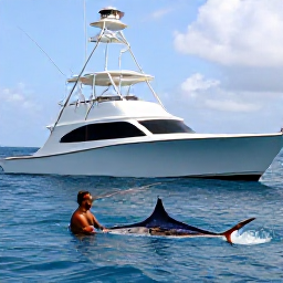 Caribbean Holidays, Puerto Rico Fishing, Anglers battling a powerful blue marlin beside a modern sport-fishing boat in clear blue Caribbean waters near Puerto Rico