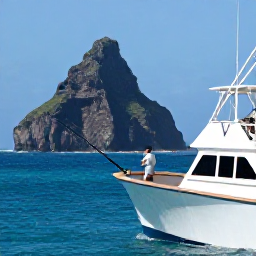 Caribbean Holidays, Puerto Rico Fishing, Anglers casting from a modern charter boat off Puerto Rico, with fishing rods, bright blue sea and a dramatic island coastline