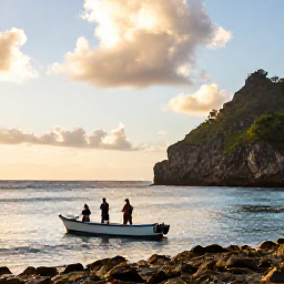 Caribbean Holidays, Puerto Rico Fishing, Anglers enjoying a peaceful December afternoon on a Puerto Rican fishing boat, rugged coastline and warm golden light