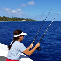 Caribbean Holidays, Puerto Rico Fishing, Anglers fishing from a charter boat off Puerto Rico, deep blue ocean, rods bent with excitement, tropical coastline in the distance, realistic photography