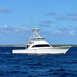 Caribbean Holidays, Puerto Rico Fishing, Anglers fishing from a modern charter boat off the coast of Puerto Rico, blue Atlantic water and distant green shoreline