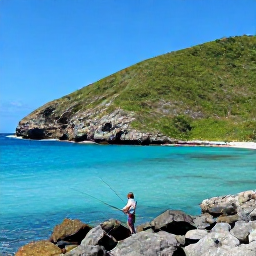 Caribbean Holidays, Puerto Rico Fishing, Anglers fishing from a rocky Puerto Rico shoreline beside turquoise water and green tropical hills
