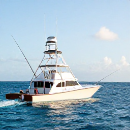 Caribbean Holidays, Puerto Rico Fishing, Anglers on a modern fishing charter near Puerto Rico, casting lines over deep blue Caribbean water beneath a bright morning sky