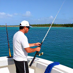 Caribbean Holidays, Puerto Rico Fishing, Anglers preparing rods and tackle on a charter boat off the Puerto Rican coast, with clear blue sea and a distant tropical shoreline