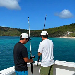 Caribbean Holidays, Puerto Rico Fishing, Anglers preparing rods and tackle on a modern charter boat off the coast of Puerto Rico, with clear blue water and green hills in the distance