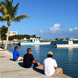 Caribbean Holidays, Puerto Rico Fishing, Anglers relaxing beside a sunny Puerto Rico harbour after a successful September fishing trip, with palm trees and colourful boats