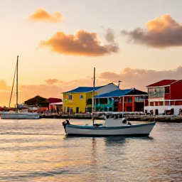 Caribbean Holidays, Puerto Rico Fishing, Colourful Puerto Rican coastline and a fishing boat returning to a lively marina at sunset, relaxed Caribbean holiday atmosphere