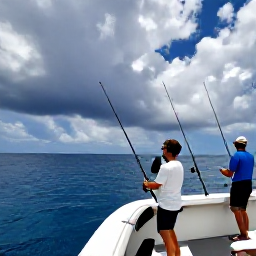 Caribbean Holidays, Puerto Rico Fishing, Deep-sea fishing charter near Puerto Rico with anglers holding rods, blue ocean and dramatic tropical clouds