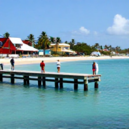 Caribbean Holidays, Puerto Rico Fishing, Family-friendly anglers fishing from a peaceful Puerto Rican pier beside clear turquoise water, palm trees and colourful buildings