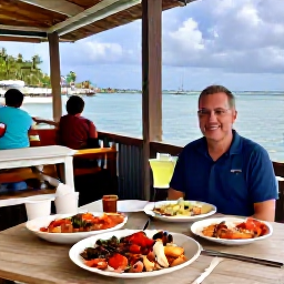 Caribbean Holidays, Puerto Rico Fishing, Fresh mahi-mahi and local seafood served at a relaxed Puerto Rican waterfront restaurant after a fishing trip, tropical setting, realistic travel photography