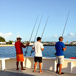 Caribbean Holidays, Puerto Rico Fishing, Friendly fishing charter crew preparing rods and tackle on a Puerto Rico marina pontoon in bright morning light