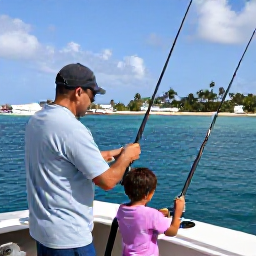 Caribbean Holidays, Puerto Rico Fishing, Friendly local fishing guide helping a family prepare rods on a Puerto Rican charter boat, tropical harbour in the background