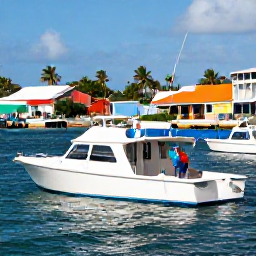 Caribbean Holidays, Puerto Rico Fishing, Friendly local fishing guide helping holidaymakers aboard a shaded charter boat in a Puerto Rican marina, colourful harbour and tropical coastline