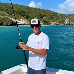 Caribbean Holidays, Puerto Rico Fishing, Friendly local fishing guide preparing rods and tackle on a charter boat in Puerto Rico, with green hills and turquoise water in the background