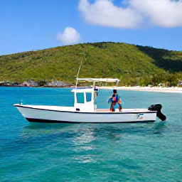 Caribbean Holidays, Puerto Rico Fishing, Friendly Puerto Rico fishing guide helping holidaymakers catch fish from a sheltered coastal boat near green hills and sandy beaches