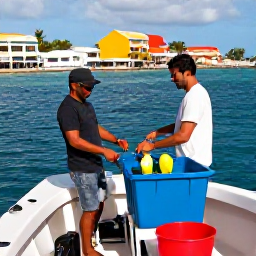 Caribbean Holidays, Puerto Rico Fishing, Puerto Rican fishing guide preparing fresh tackle on a charter boat near a colourful coastal town, equipment neatly arranged