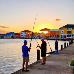 Caribbean Holidays, Puerto Rico Fishing, Relaxed anglers returning to a Puerto Rico marina at sunset with fishing gear and a successful catch, colourful waterfront buildings nearby