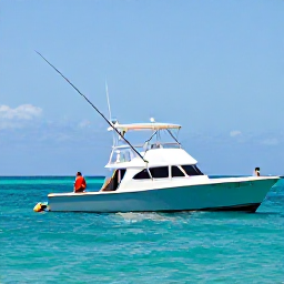 Caribbean Holidays, Puerto Rico Fishing, Sport fishing anglers aboard a modern boat off Puerto Rico, rods bending over clear turquoise sea beneath a sunny sky