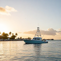 Caribbean Holidays, Puerto Rico Fishing, Sport fishing boat heading out from a sunny Puerto Rican marina at dawn, calm Caribbean water, tropical coastline