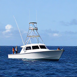 Caribbean Holidays, Puerto Rico Fishing, Sport fishing charter boat travelling across deep blue water near Puerto Rico, anglers preparing rods