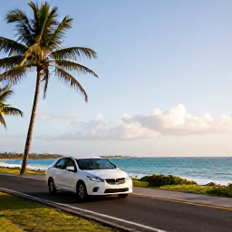 Caribbean Holidays, Puerto Rico Fly Drive, A bright February morning on a scenic coastal road in Puerto Rico, with a hire car, palm trees, turquoise sea and soft sunshine