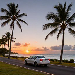 Caribbean Holidays, Puerto Rico Fly Drive, A colourful coastal road in Puerto Rico at sunrise, with a rental car, palm trees and the Caribbean Sea