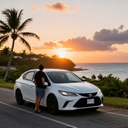 Caribbean Holidays, Puerto Rico Fly Drive, A couple beside a hire car overlooking Puerto Rico's dramatic coastline at sunset, with tropical vegetation and the sea beyond
