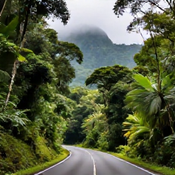 Caribbean Holidays, Puerto Rico Fly Drive, A lush tropical rainforest road through El Yunque National Forest in Puerto Rico, with dense green foliage and misty mountains