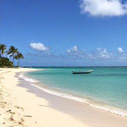 Caribbean Holidays, Puerto Rico Fly Drive, A peaceful Caribbean beach in Puerto Rico with clear turquoise water, palm trees and a small boat offshore