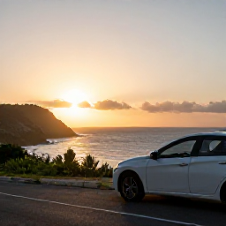 Caribbean Holidays, Puerto Rico Fly Drive, A Puerto Rico road trip at sunset with a hire car parked beside a coastal viewpoint and tropical hills in the distance