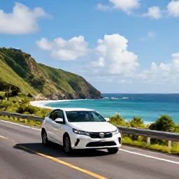 Caribbean Holidays, Puerto Rico Fly Drive, A Puerto Rico road trip scene with a modern hire car on a coastal highway, tropical hills and the Caribbean Sea in the background