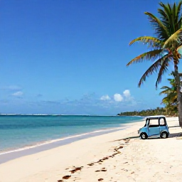 Caribbean Holidays, Puerto Rico Fly Drive, A quiet Caribbean beach in Puerto Rico with turquoise water, pale sand, palm trees and a small hire car parked nearby