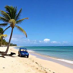 Caribbean Holidays, Puerto Rico Fly Drive, A quiet golden beach on Puerto Rico's west coast with clear blue water, palm trees and a small hire car parked nearby