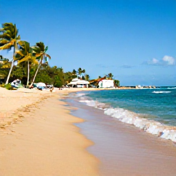 Caribbean Holidays, Puerto Rico Fly Drive, A quiet golden beach on Puerto Rico's west coast with turquoise water, palm trees and a small fishing village nearby