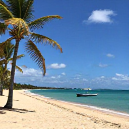 Caribbean Holidays, Puerto Rico Fly Drive, A quiet Puerto Rico beach with turquoise water, palm trees and a small local fishing boat under a bright sky