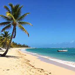 Caribbean Holidays, Puerto Rico Fly Drive, A quiet tropical beach in Puerto Rico with turquoise water, palm trees, golden sand and a small fishing boat