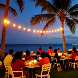 Caribbean Holidays, Puerto Rico Fly Drive, A relaxed Puerto Rican evening with local food, colourful lights, palm trees and visitors dining outdoors near the coast