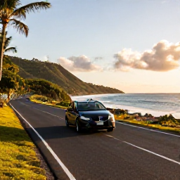 Caribbean Holidays, Puerto Rico Fly Drive, A rental car on a scenic coastal road in Puerto Rico at golden morning light, with tropical hills and the Caribbean Sea