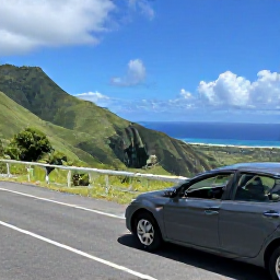 Caribbean Holidays, Puerto Rico Fly Drive, A rental car parked beside a panoramic Puerto Rican mountain road overlooking green hills and the Caribbean Sea
