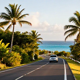 Caribbean Holidays, Puerto Rico Fly Drive, A scenic coastal road in Puerto Rico at golden hour, with tropical greenery, blue sea and a hire car travelling along the highway