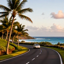Caribbean Holidays, Puerto Rico Fly Drive, A scenic coastal road in Puerto Rico at golden hour, with tropical greenery, blue sea and a rental car driving along the route