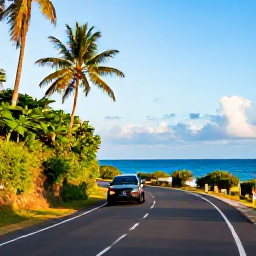 Caribbean Holidays, Puerto Rico Fly Drive, A scenic coastal road in Puerto Rico at golden hour, with tropical greenery, bright blue sea and a hire car