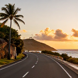 Caribbean Holidays, Puerto Rico Fly Drive, A scenic coastal road in Puerto Rico at golden hour, with tropical hills, palms and the Caribbean Sea