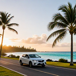 Caribbean Holidays, Puerto Rico Fly Drive, A scenic coastal road in Puerto Rico at sunrise, with a hire car, palm trees and turquoise Caribbean water