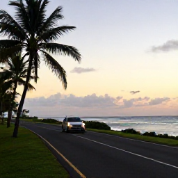 Caribbean Holidays, Puerto Rico Fly Drive, A scenic coastal road in Puerto Rico at sunrise, with a rental car, palm trees and the Caribbean Sea
