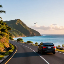 Caribbean Holidays, Puerto Rico Fly Drive, A scenic coastal road in Puerto Rico at sunrise, with tropical hills, blue sea and a hire car ready for a road trip