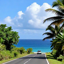 Caribbean Holidays, Puerto Rico Fly Drive, A scenic Puerto Rico coastal road with tropical vegetation, calm blue sea and a small hire car travelling through the landscape