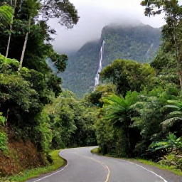 Caribbean Holidays, Puerto Rico Fly Drive, A winding road through El Yunque National Forest in Puerto Rico, with lush rainforest, waterfalls and misty green mountains