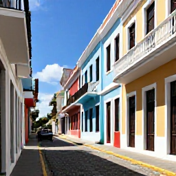Caribbean Holidays, Puerto Rico Fly Drive, Colourful colonial buildings and cobbled streets in Old San Juan, Puerto Rico, in bright morning sunshine